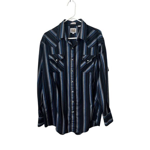 Ely Cattleman Mens Black/Blue Striped Western Shirt Snap-Front Long Sleeve XLT - Picture 1 of 5